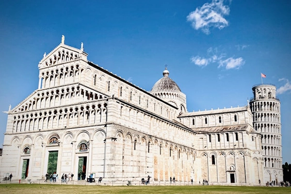 View of the cathedral and the Leaning Tower of Pisa.